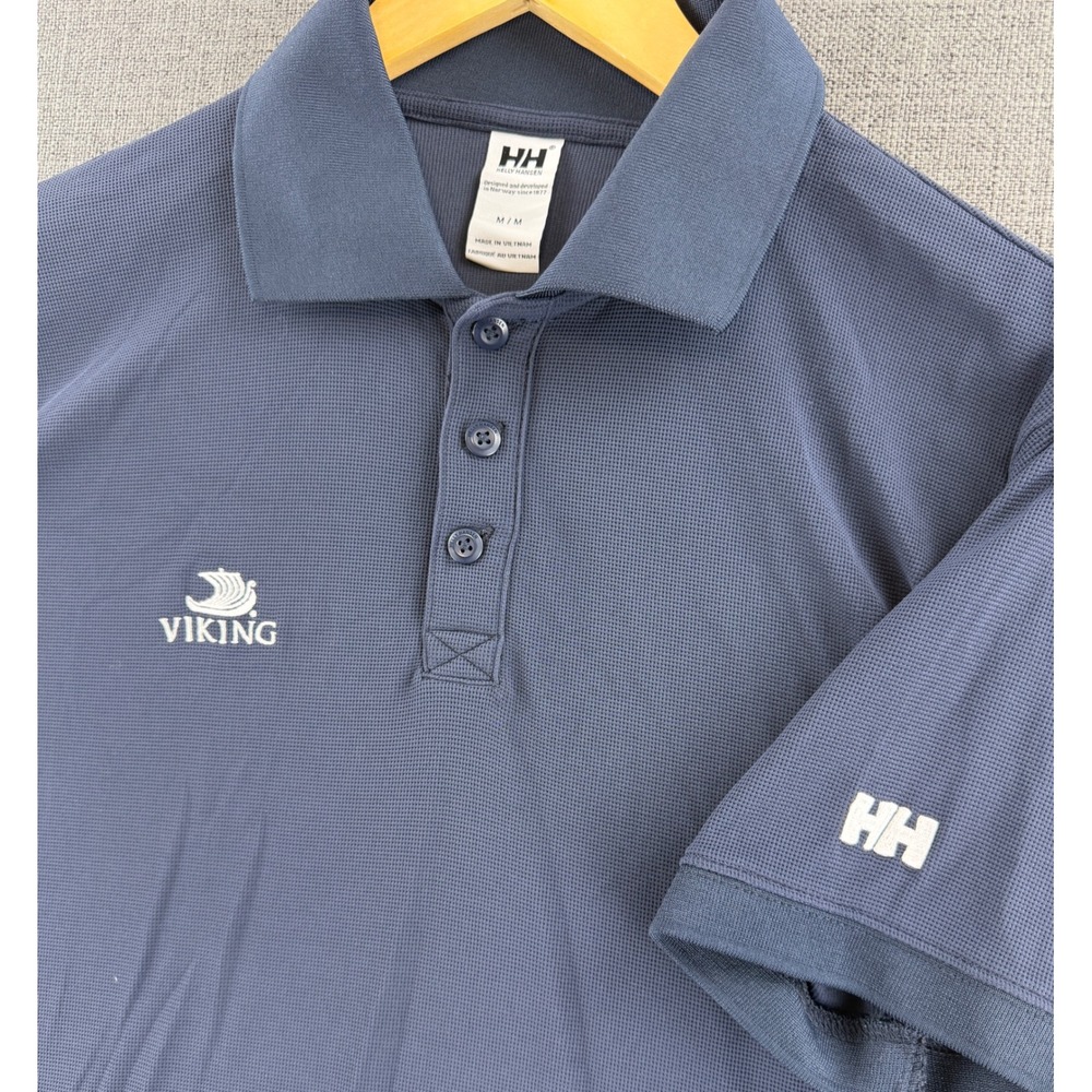 Helly Hansen Mens M Viking Logo Polo Shirt Navy Blue Waffle Knit Short Sleeve